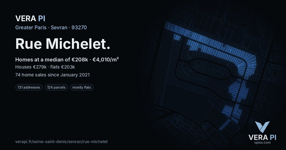 Rue Michelet, Sevran at night – every parcel coloured by the prices around it, the street's own parcels lit