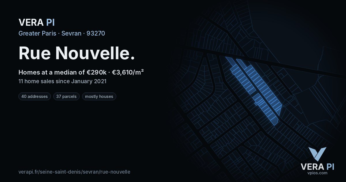 Rue Nouvelle, Sevran at night – every parcel coloured by the prices around it, the street's own parcels lit