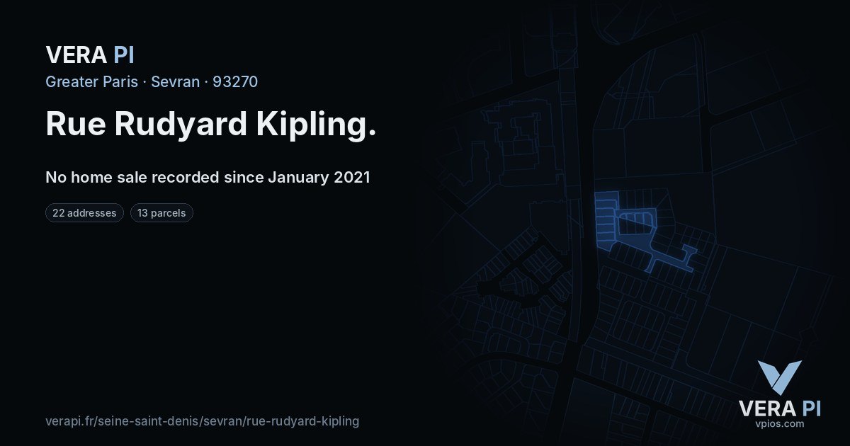 Rue Rudyard Kipling, Sevran at night – every parcel coloured by the prices around it, the street's own parcels lit