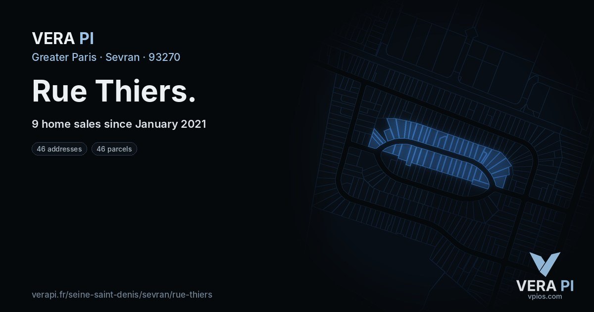 Rue Thiers, Sevran at night – every parcel coloured by the prices around it, the street's own parcels lit