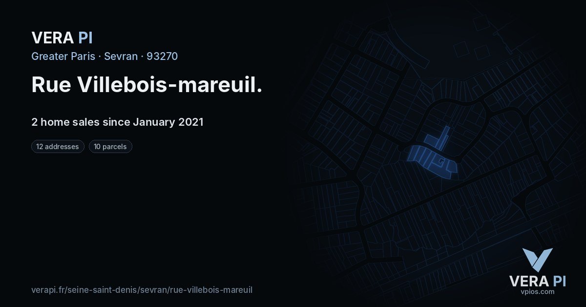 Rue Villebois-mareuil, Sevran at night – every parcel coloured by the prices around it, the street's own parcels lit