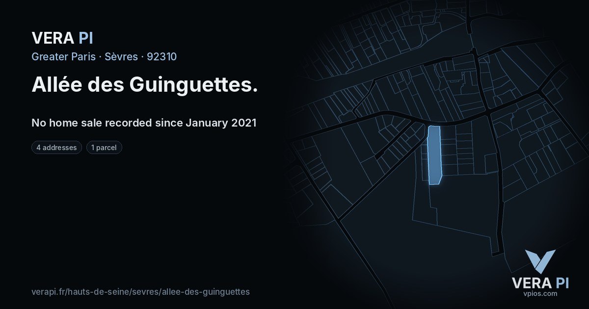 Allée des Guinguettes, Sèvres at night – every parcel coloured by the prices around it, the street's own parcels lit