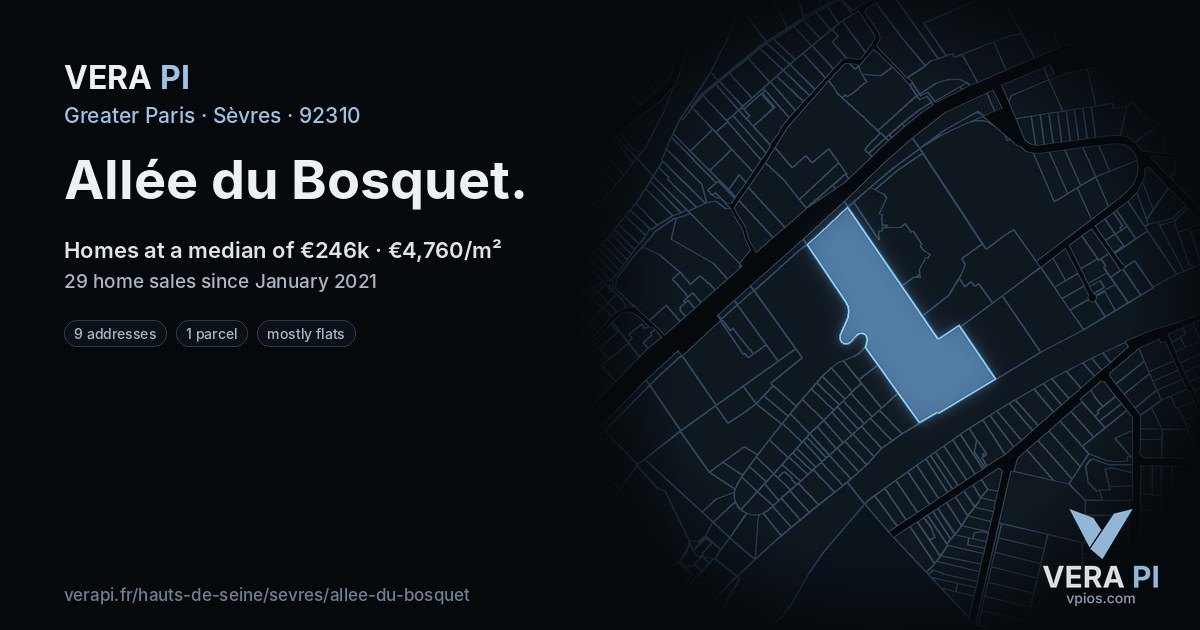 Allée du Bosquet, Sèvres at night – every parcel coloured by the prices around it, the street's own parcels lit