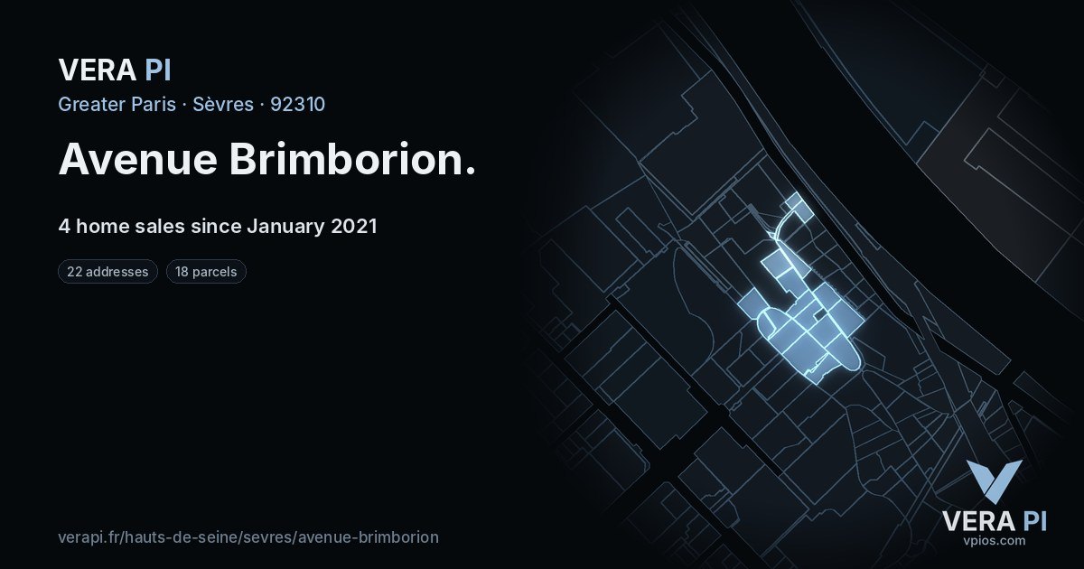 Avenue Brimborion, Sèvres at night – every parcel coloured by the prices around it, the street's own parcels lit