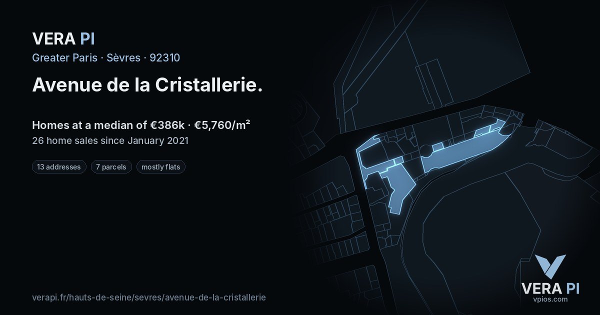 Avenue de la Cristallerie, Sèvres at night – every parcel coloured by the prices around it, the street's own parcels lit