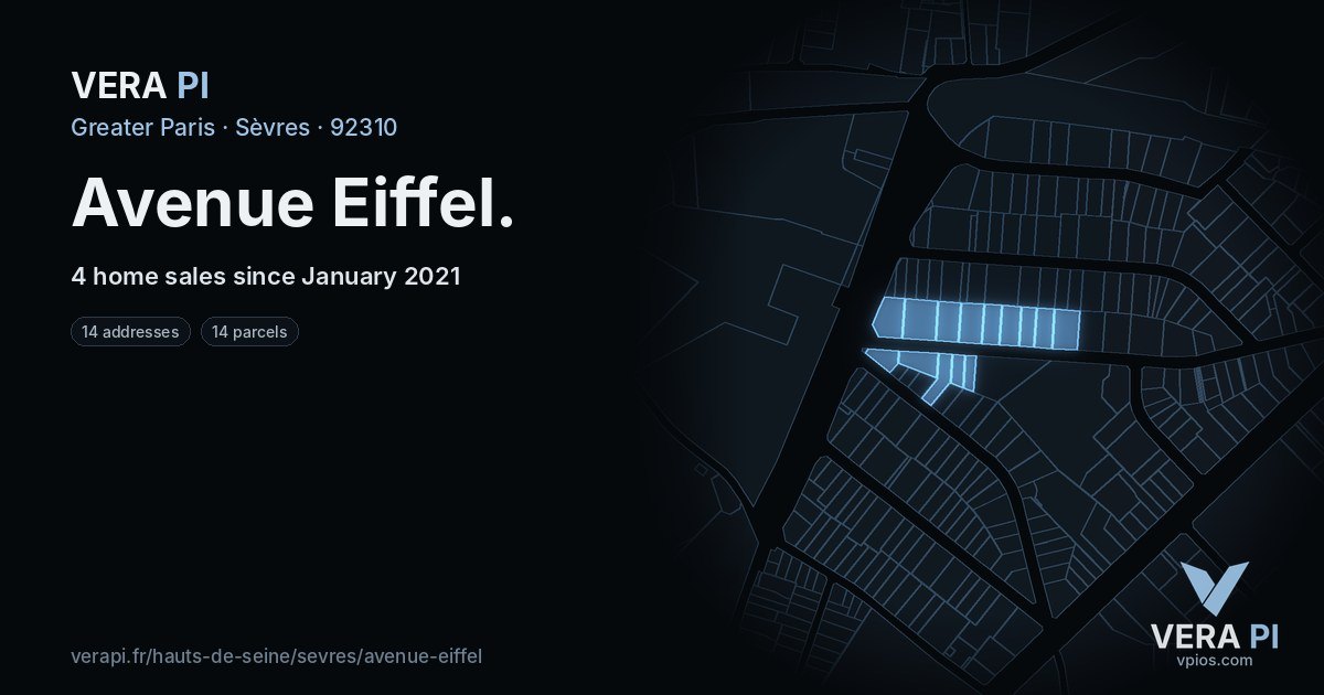 Avenue Eiffel, Sèvres at night – every parcel coloured by the prices around it, the street's own parcels lit