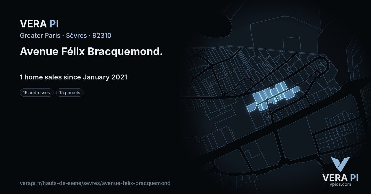 Avenue Félix Bracquemond, Sèvres at night – every parcel coloured by the prices around it, the street's own parcels lit