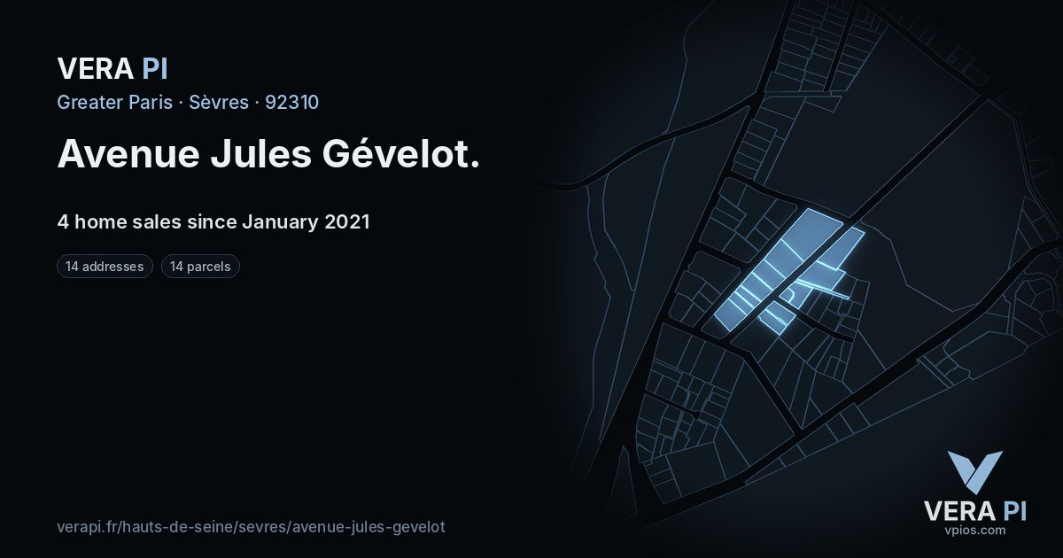 Avenue Jules Gévelot, Sèvres at night – every parcel coloured by the prices around it, the street's own parcels lit