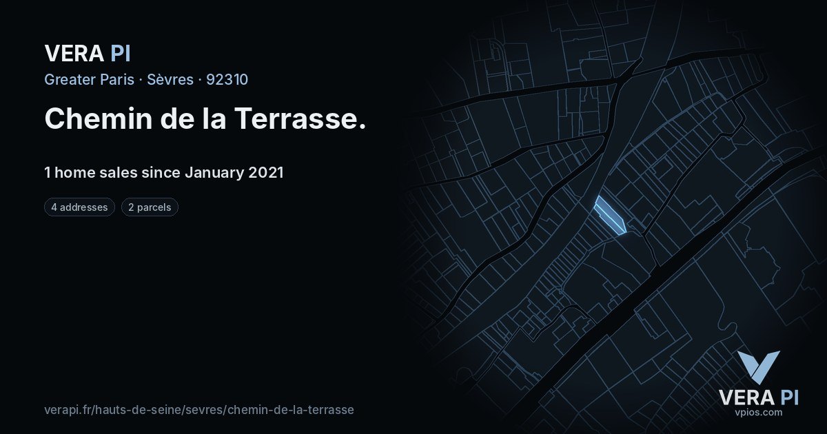 Chemin de la Terrasse, Sèvres at night – every parcel coloured by the prices around it, the street's own parcels lit