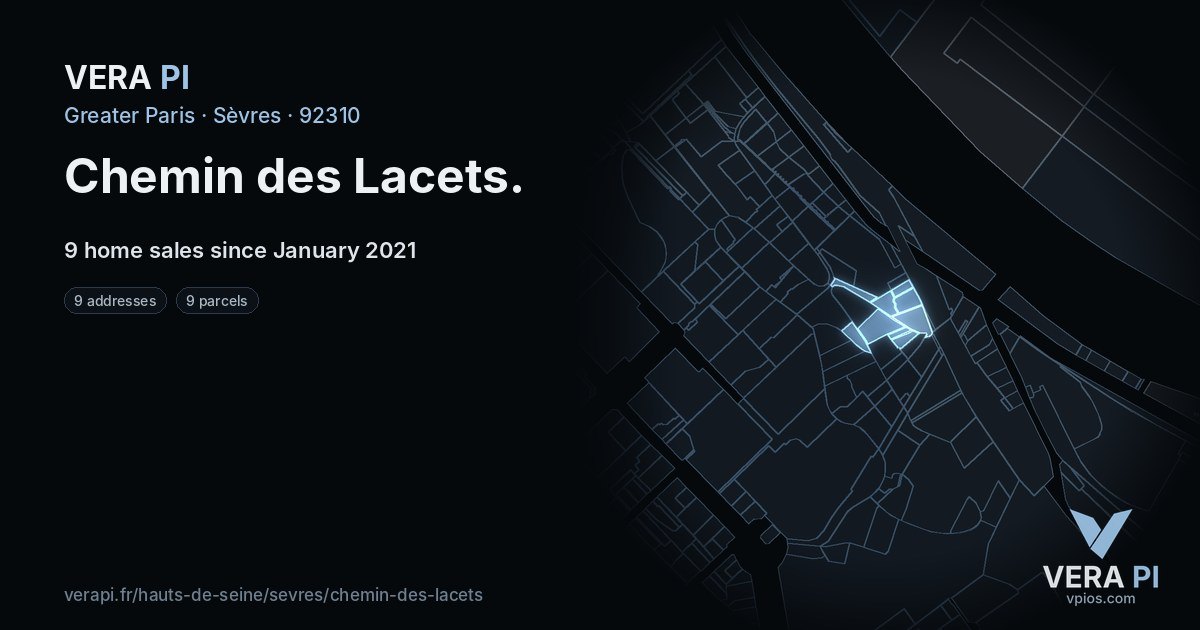 Chemin des Lacets, Sèvres at night – every parcel coloured by the prices around it, the street's own parcels lit