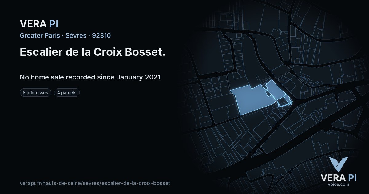 Escalier de la Croix Bosset, Sèvres at night – every parcel coloured by the prices around it, the street's own parcels lit