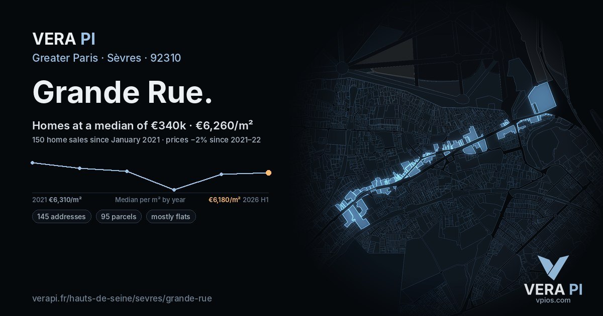 Grande Rue, Sèvres at night – every parcel coloured by the prices around it, the street's own parcels lit