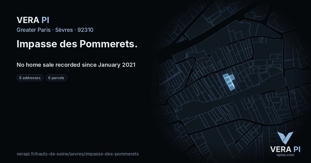 Impasse des Pommerets, Sèvres at night – every parcel coloured by the prices around it, the street's own parcels lit
