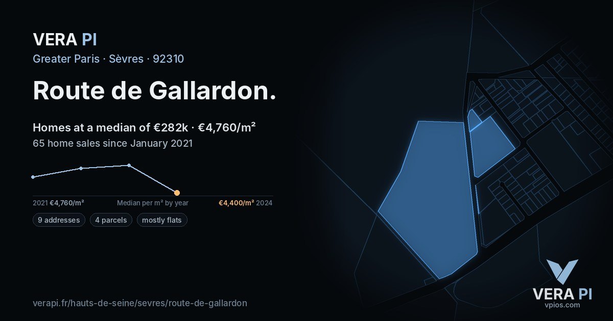Route de Gallardon, Sèvres at night – every parcel coloured by the prices around it, the street's own parcels lit