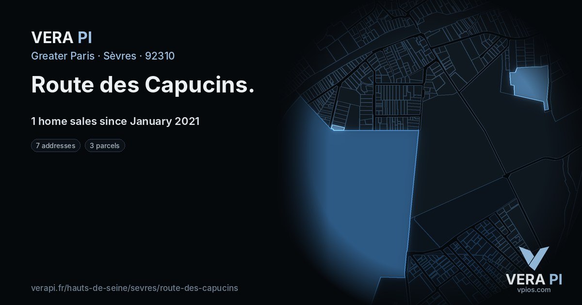 Route des Capucins, Sèvres at night – every parcel coloured by the prices around it, the street's own parcels lit