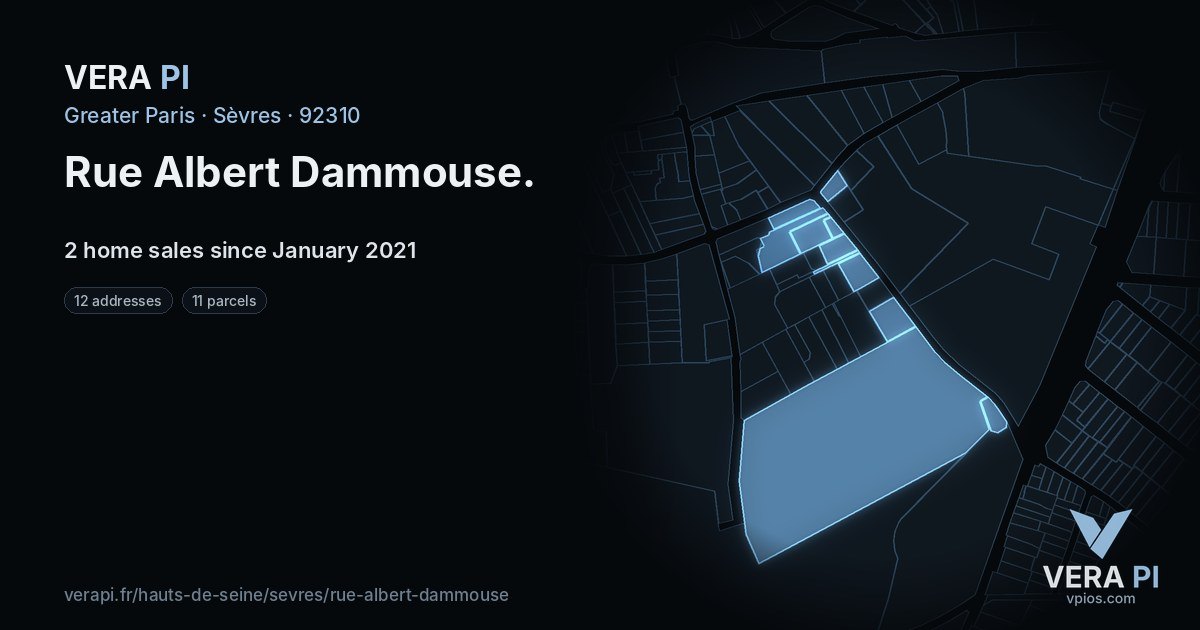 Rue Albert Dammouse, Sèvres at night – every parcel coloured by the prices around it, the street's own parcels lit
