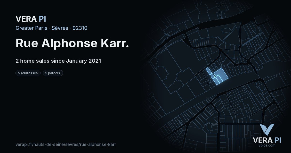 Rue Alphonse Karr, Sèvres at night – every parcel coloured by the prices around it, the street's own parcels lit