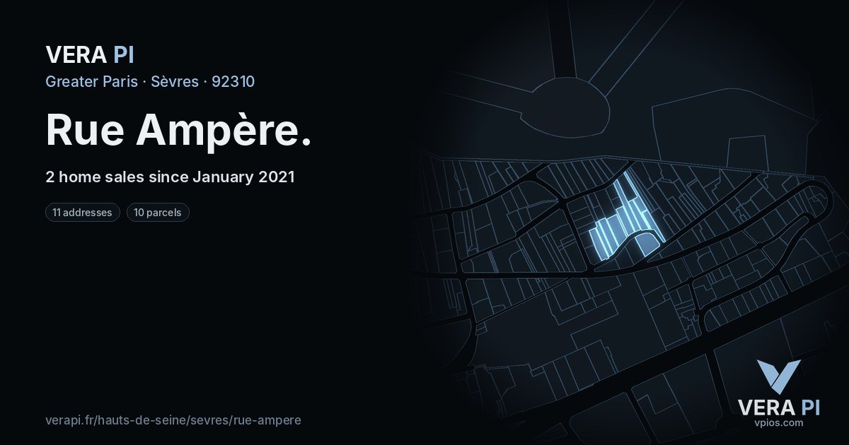 Rue Ampère, Sèvres at night – every parcel coloured by the prices around it, the street's own parcels lit