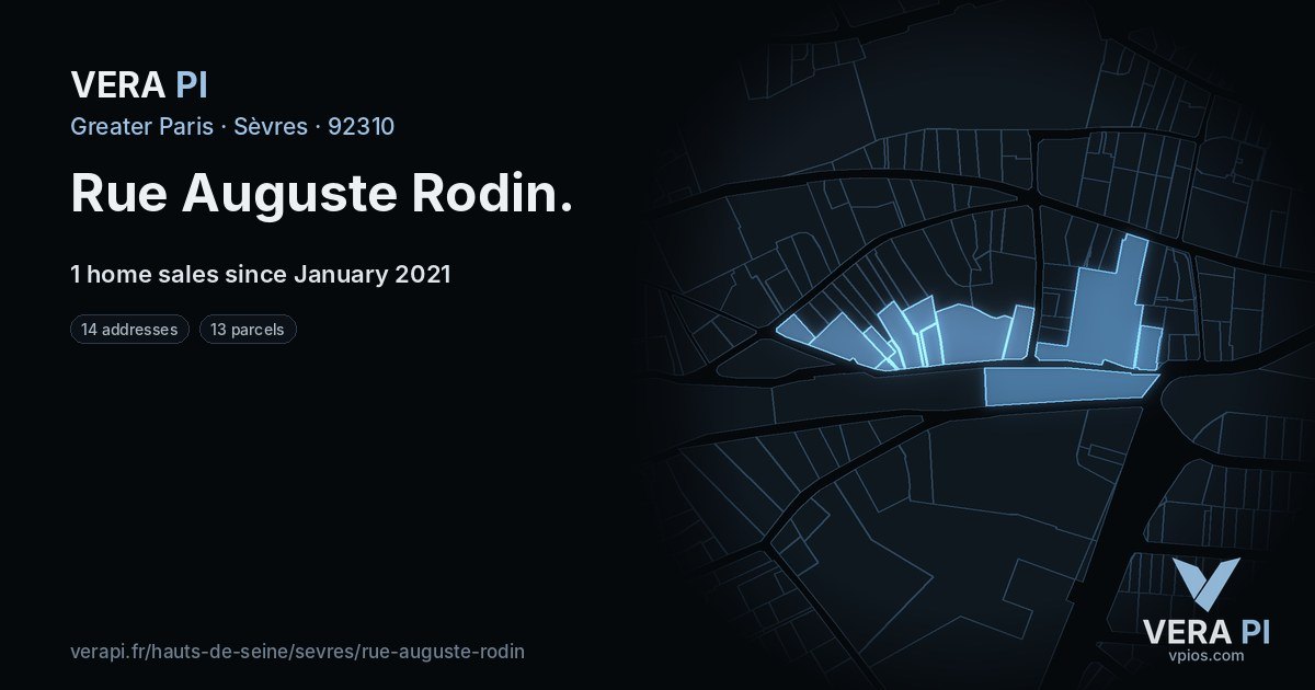 Rue Auguste Rodin, Sèvres at night – every parcel coloured by the prices around it, the street's own parcels lit