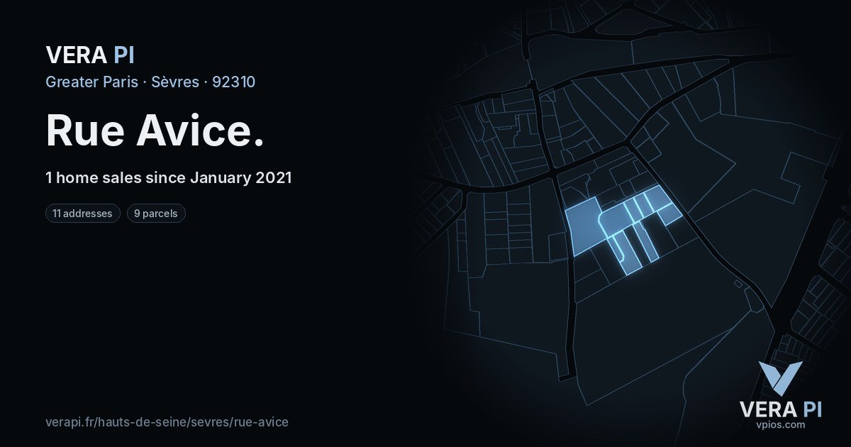 Rue Avice, Sèvres at night – every parcel coloured by the prices around it, the street's own parcels lit
