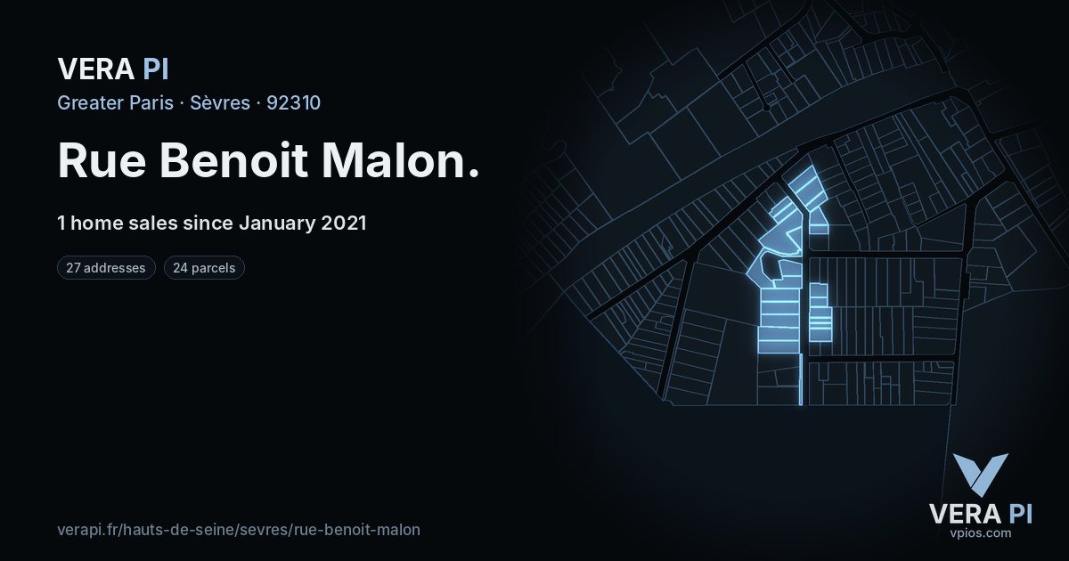 Rue Benoit Malon, Sèvres at night – every parcel coloured by the prices around it, the street's own parcels lit