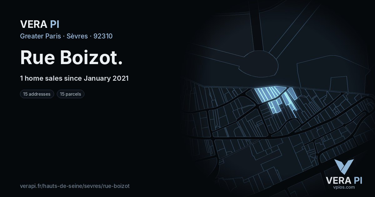 Rue Boizot, Sèvres at night – every parcel coloured by the prices around it, the street's own parcels lit