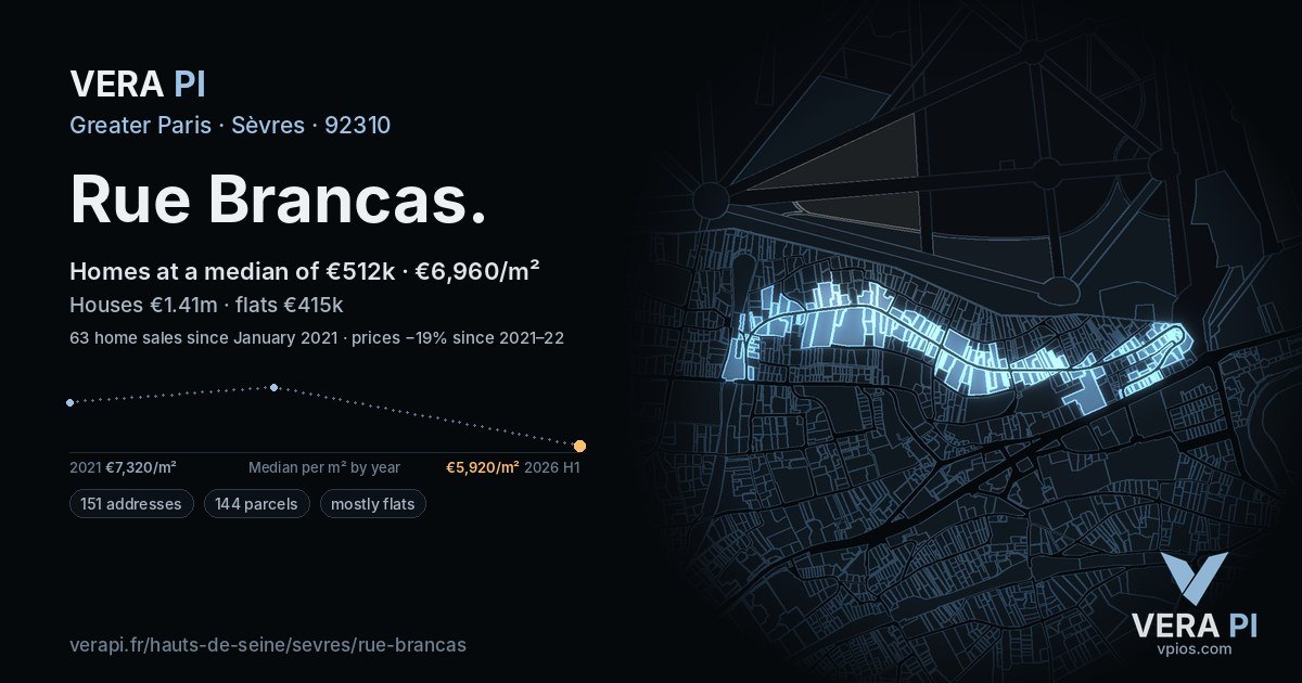 Rue Brancas, Sèvres at night – every parcel coloured by the prices around it, the street's own parcels lit