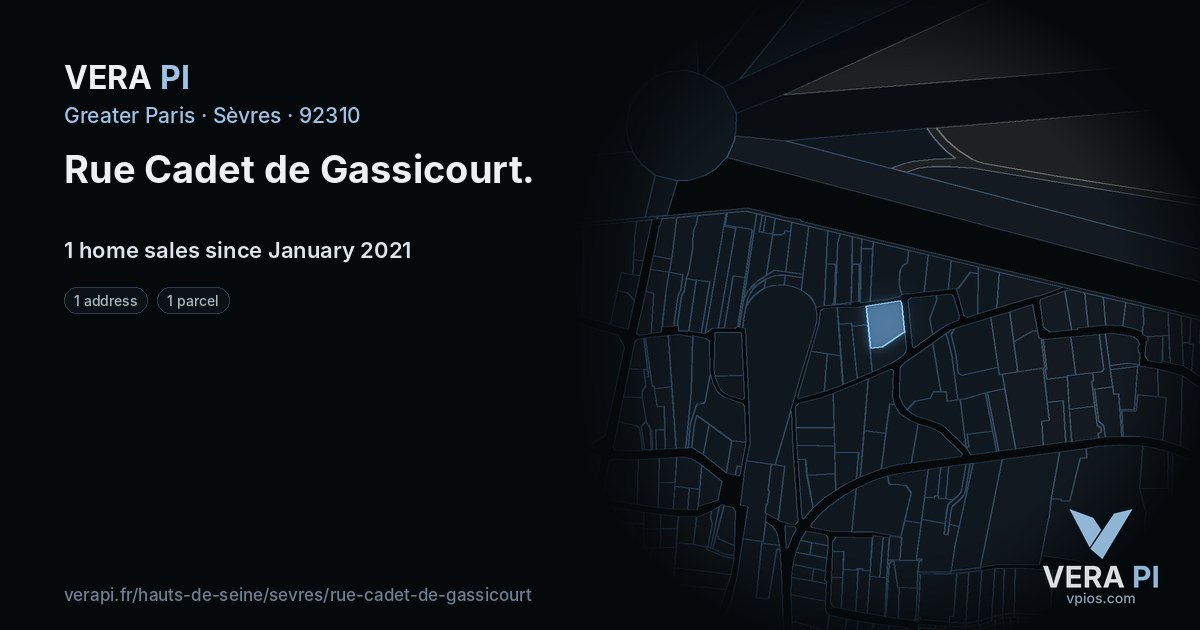 Rue Cadet de Gassicourt, Sèvres at night – every parcel coloured by the prices around it, the street's own parcels lit
