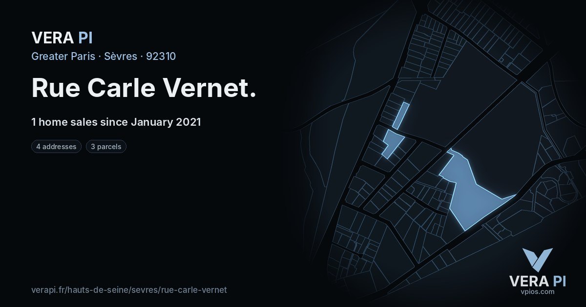 Rue Carle Vernet, Sèvres at night – every parcel coloured by the prices around it, the street's own parcels lit