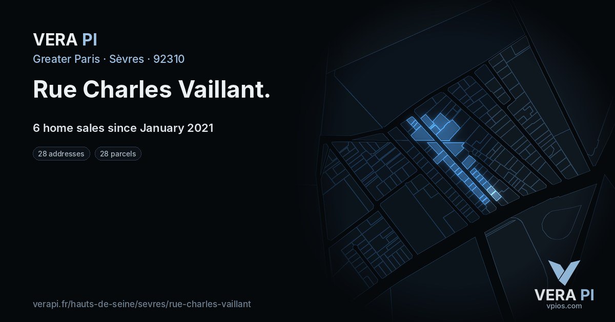 Rue Charles Vaillant, Sèvres at night – every parcel coloured by the prices around it, the street's own parcels lit