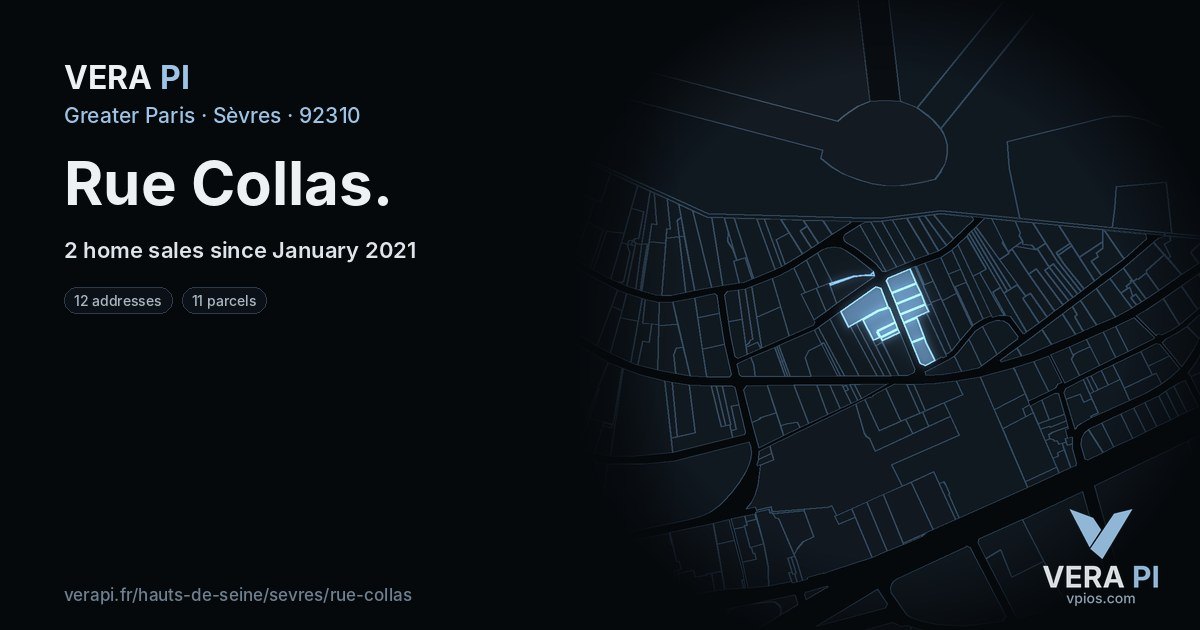Rue Collas, Sèvres at night – every parcel coloured by the prices around it, the street's own parcels lit