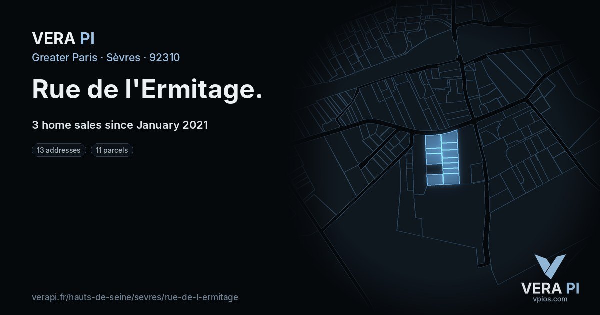 Rue de l'Ermitage, Sèvres at night – every parcel coloured by the prices around it, the street's own parcels lit