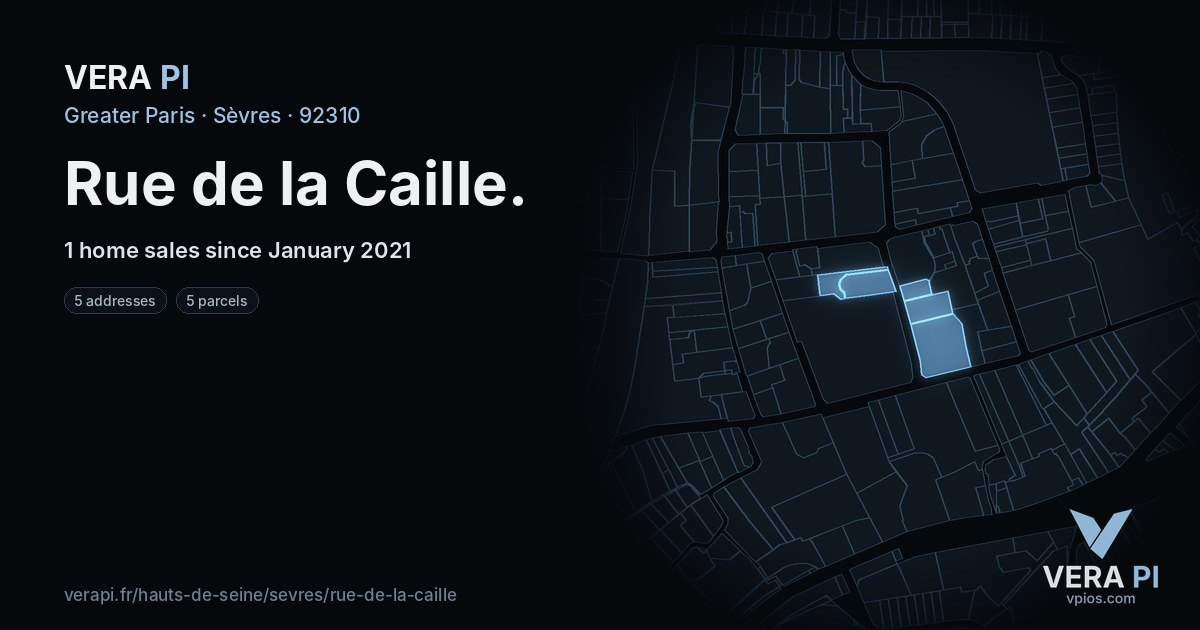 Rue de la Caille, Sèvres at night – every parcel coloured by the prices around it, the street's own parcels lit
