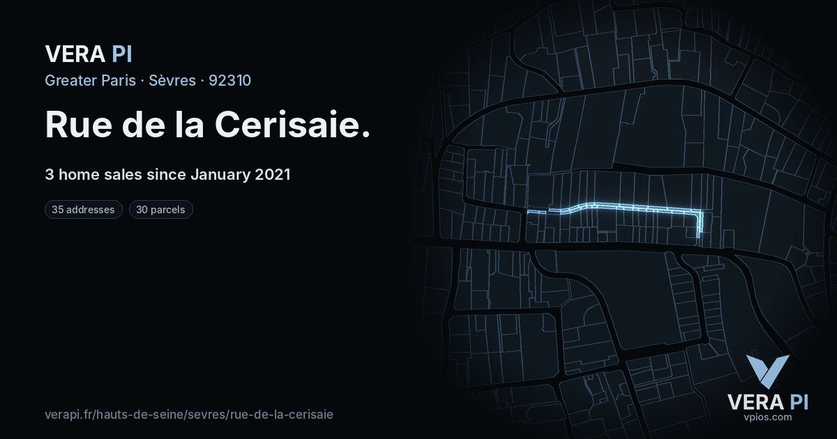 Rue de la Cerisaie, Sèvres at night – every parcel coloured by the prices around it, the street's own parcels lit