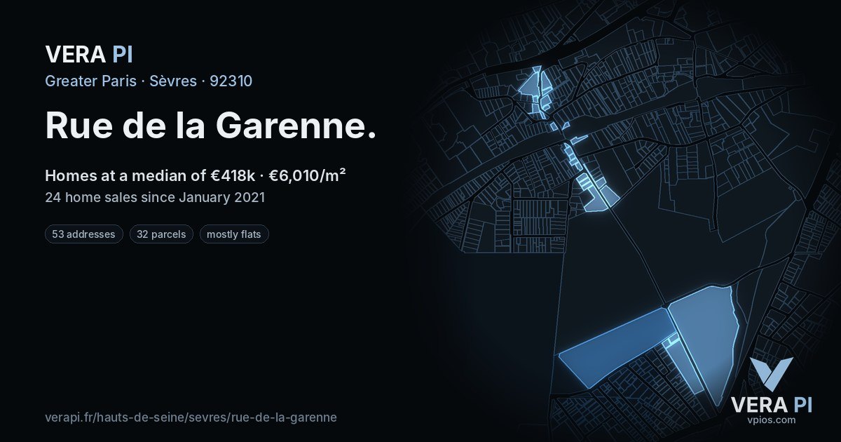 Rue de la Garenne, Sèvres at night – every parcel coloured by the prices around it, the street's own parcels lit