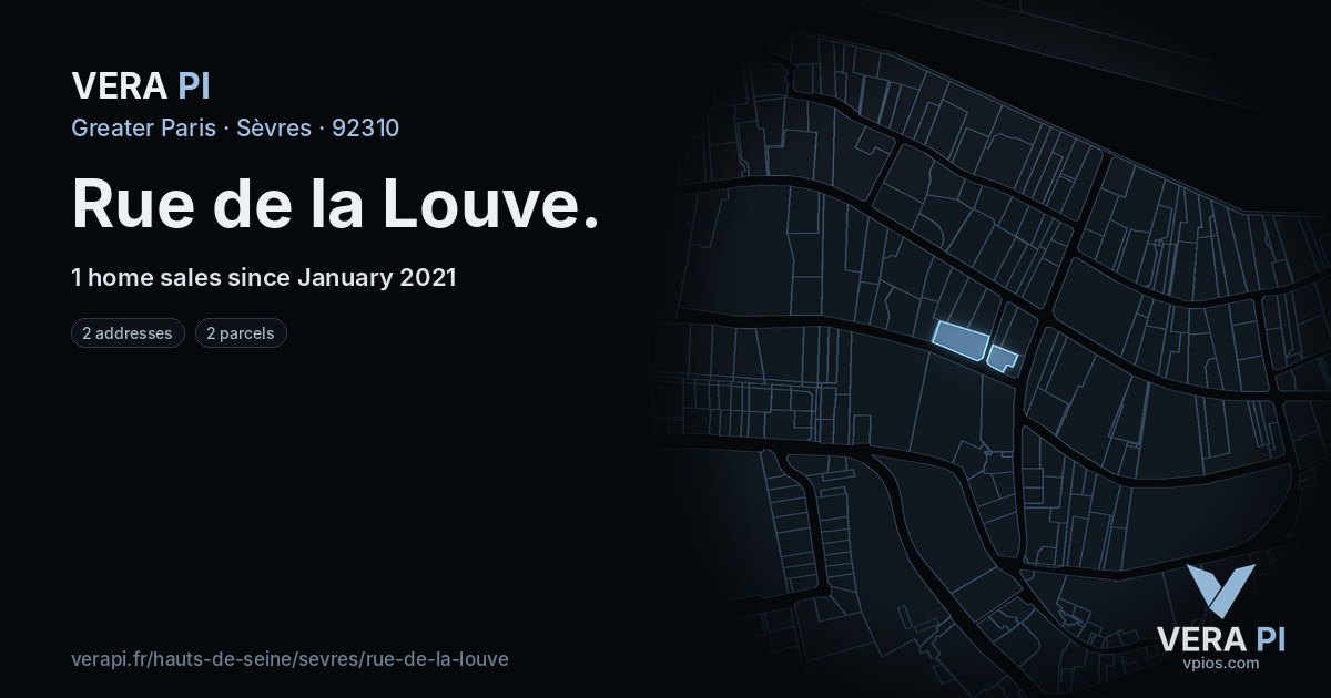 Rue de la Louve, Sèvres at night – every parcel coloured by the prices around it, the street's own parcels lit