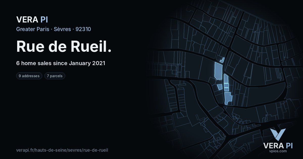Rue de Rueil, Sèvres at night – every parcel coloured by the prices around it, the street's own parcels lit