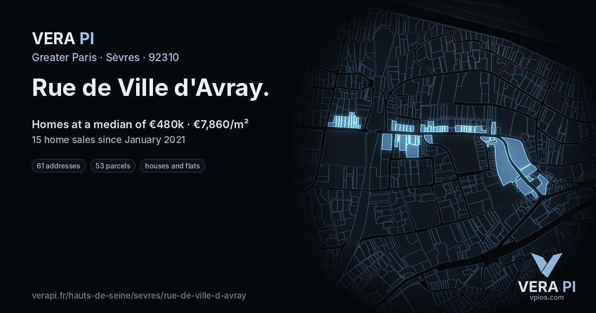Rue de Ville d'Avray, Sèvres at night – every parcel coloured by the prices around it, the street's own parcels lit