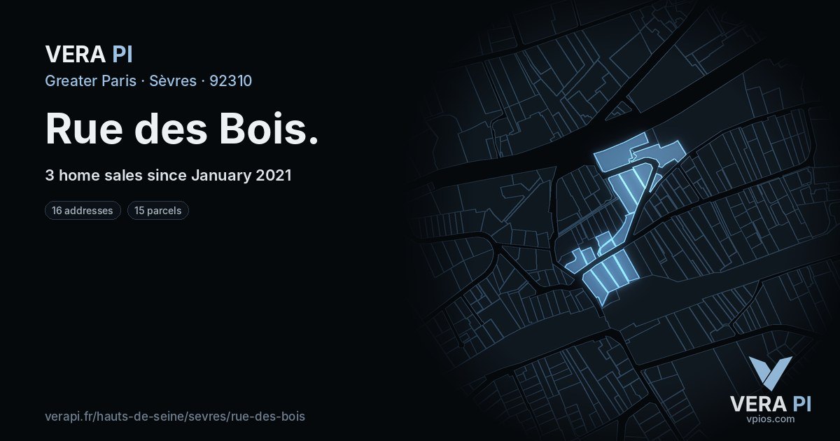 Rue des Bois, Sèvres at night – every parcel coloured by the prices around it, the street's own parcels lit