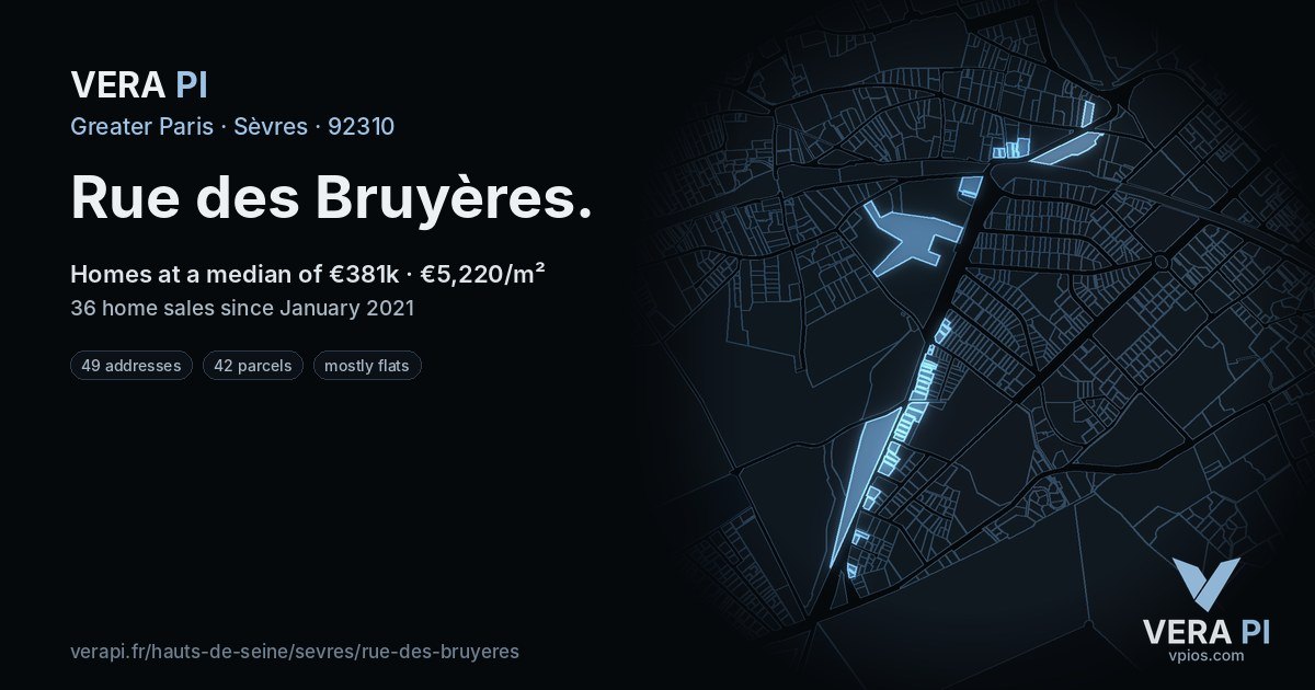 Rue des Bruyères, Sèvres at night – every parcel coloured by the prices around it, the street's own parcels lit