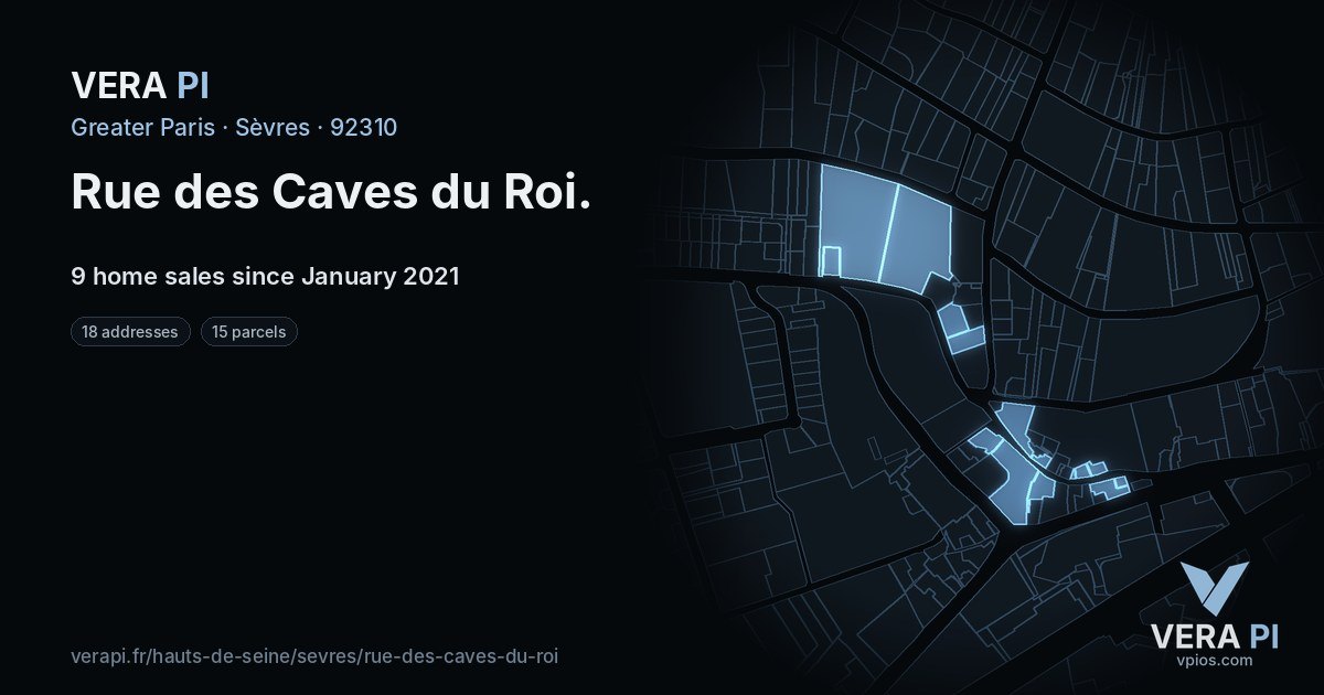 Rue des Caves du Roi, Sèvres at night – every parcel coloured by the prices around it, the street's own parcels lit
