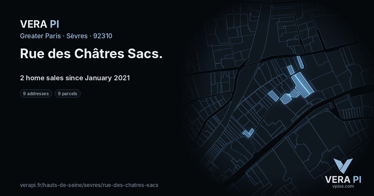 Rue des Châtres Sacs, Sèvres at night – every parcel coloured by the prices around it, the street's own parcels lit