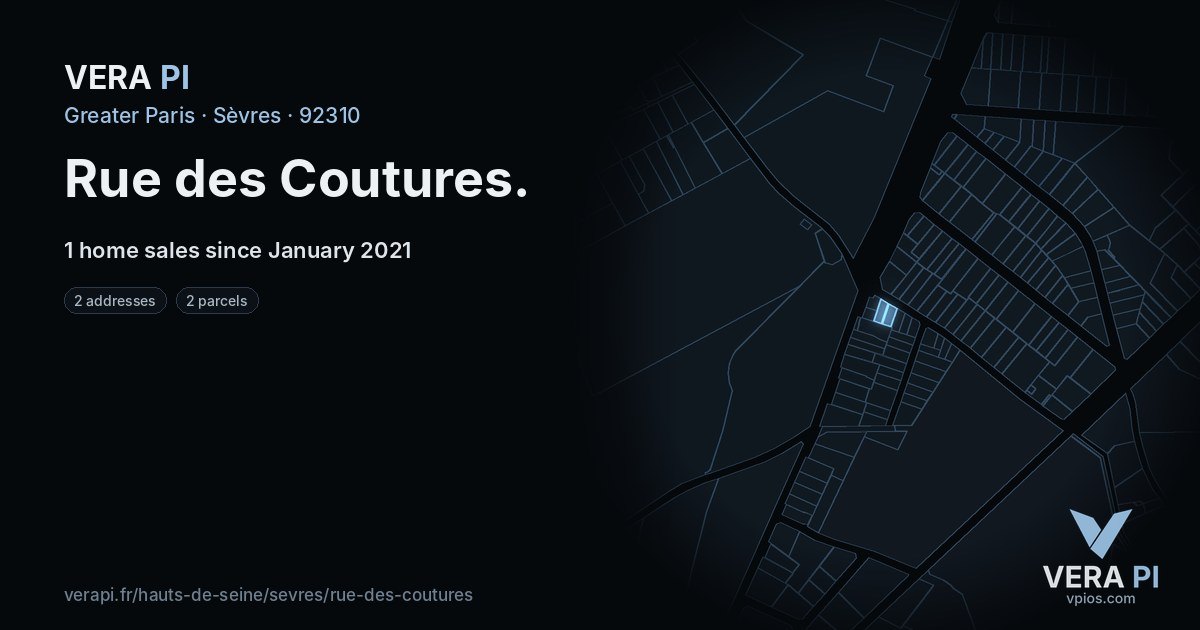 Rue des Coutures, Sèvres at night – every parcel coloured by the prices around it, the street's own parcels lit