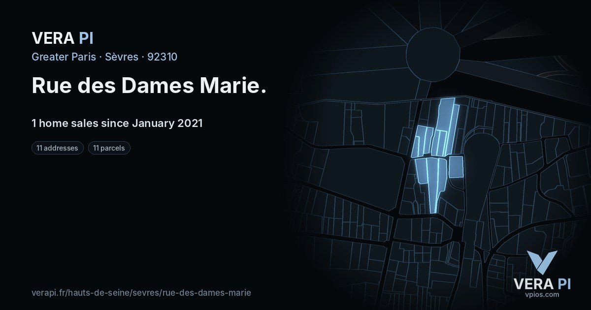 Rue des Dames Marie, Sèvres at night – every parcel coloured by the prices around it, the street's own parcels lit