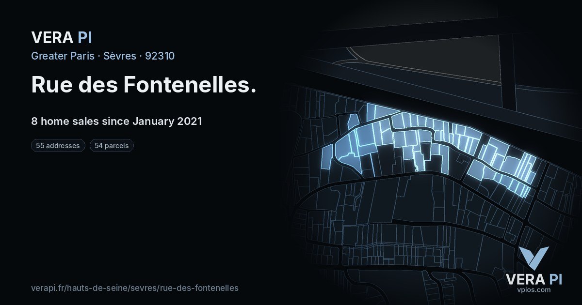 Rue des Fontenelles, Sèvres at night – every parcel coloured by the prices around it, the street's own parcels lit