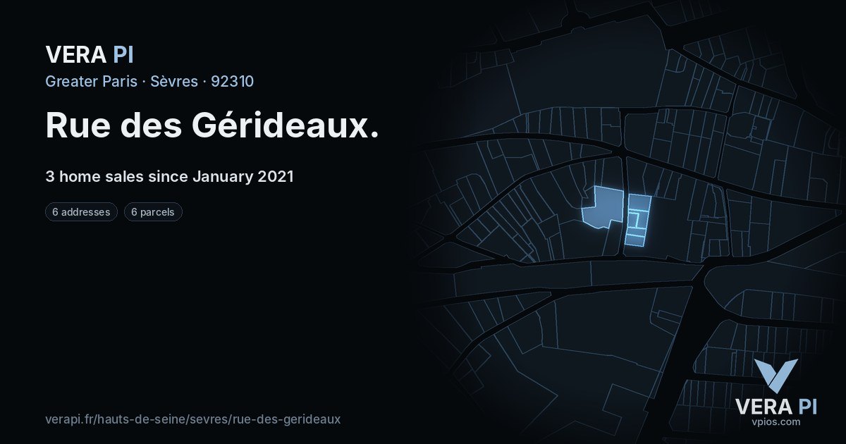 Rue des Gérideaux, Sèvres at night – every parcel coloured by the prices around it, the street's own parcels lit