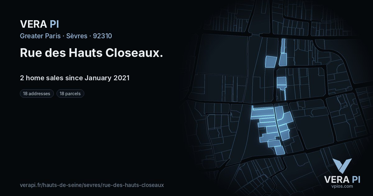 Rue des Hauts Closeaux, Sèvres at night – every parcel coloured by the prices around it, the street's own parcels lit