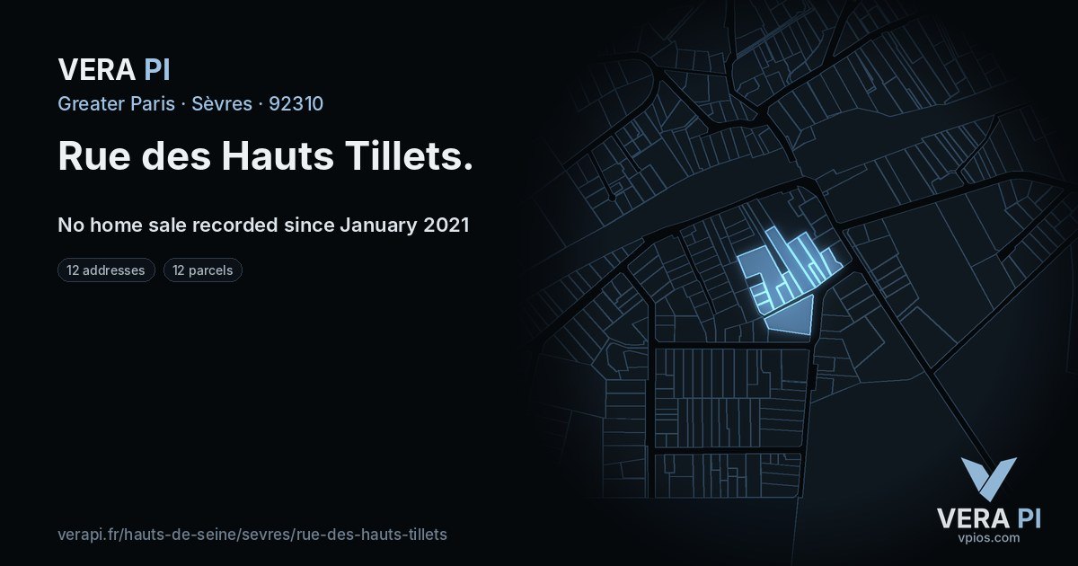 Rue des Hauts Tillets, Sèvres at night – every parcel coloured by the prices around it, the street's own parcels lit