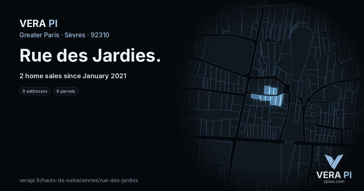 Rue des Jardies, Sèvres at night – every parcel coloured by the prices around it, the street's own parcels lit