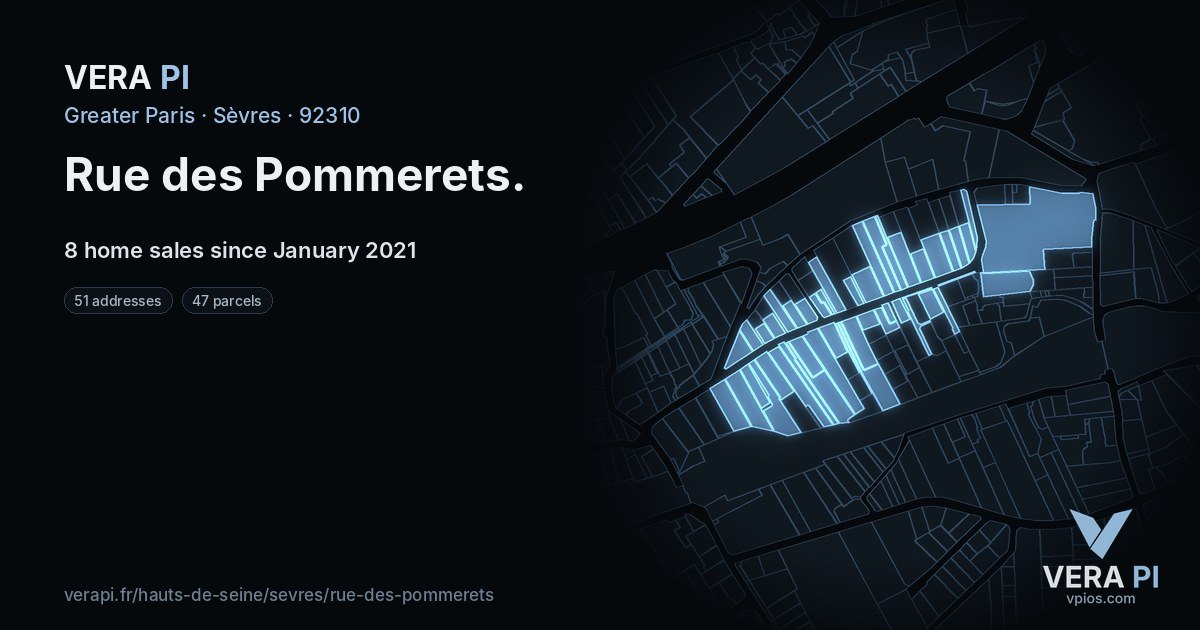 Rue des Pommerets, Sèvres at night – every parcel coloured by the prices around it, the street's own parcels lit